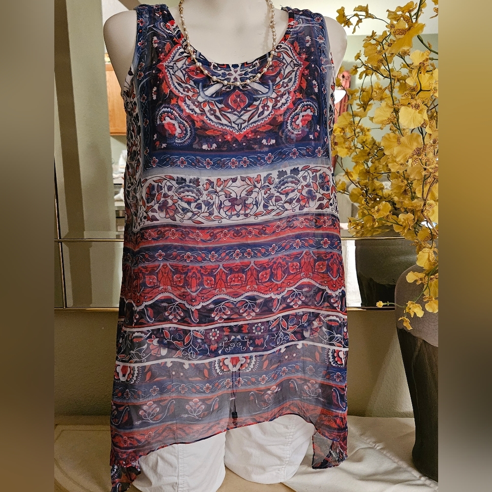 Sleeveless Blouse / Free flowing / Tank style Shirt / Sheer cotton lined